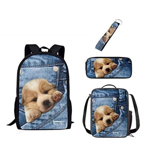 xixirimido Kinder-Schulrucksack-Set mit 3 Lunch-Taschen Federmäppchen Schlüsselanhänger für Jungen Mädchen, Teddyhund, Einheitsgröße, Lässiger Tagesrucksack von xixirimido