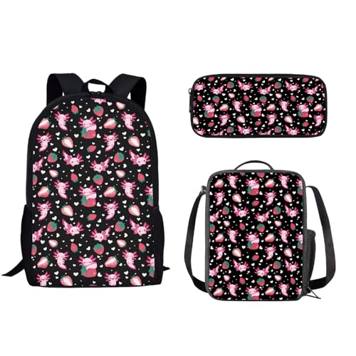 xixirimido Kinder-Schulrucksack-Set mit Lunchbox, Federmäppchen für Jungen und Mädchen, Axolotl Erdbeere, Einheitsgröße, Lässiger Tagesrucksack von xixirimido