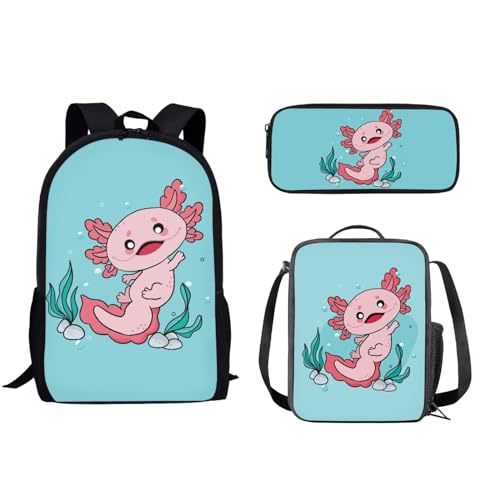 xixirimido Kinder-Schulrucksack-Set mit Lunchbox, Federmäppchen für Jungen und Mädchen, Axolotl Sea, Einheitsgröße, Lässiger Tagesrucksack von xixirimido