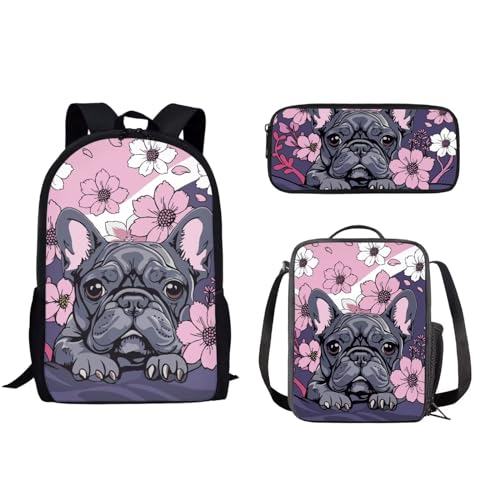 xixirimido Kinder-Schulrucksack-Set mit Lunchbox, Federmäppchen für Jungen und Mädchen, Bulldogge Blume, Einheitsgröße, Lässiger Tagesrucksack von xixirimido