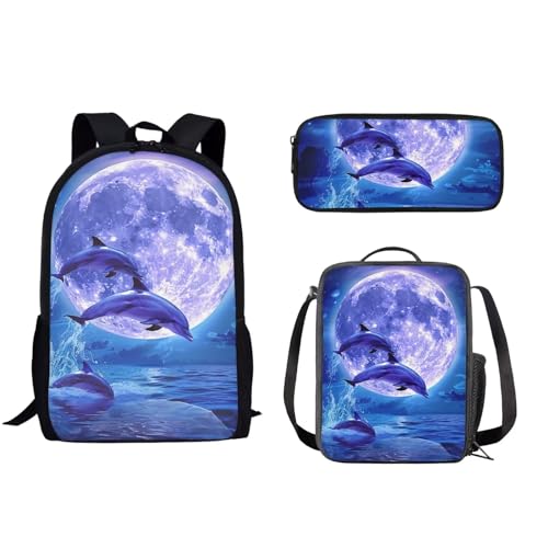 xixirimido Kinder-Schulrucksack-Set mit Lunchbox, Federmäppchen für Jungen und Mädchen, Delphin Moon, Einheitsgröße, Lässiger Tagesrucksack von xixirimido