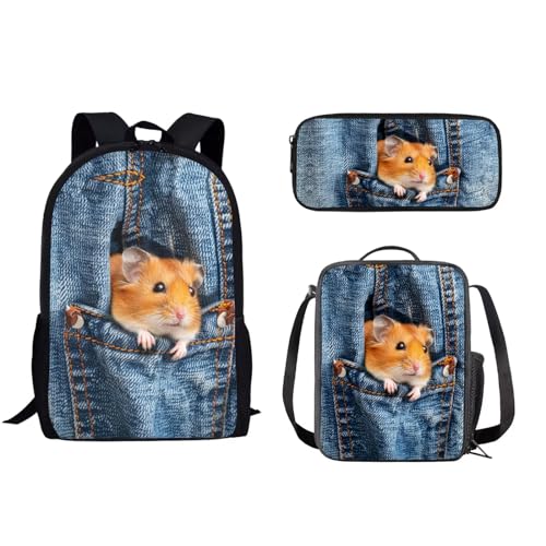 xixirimido Kinder-Schulrucksack-Set mit Lunchbox, Federmäppchen für Jungen und Mädchen, Hamster, Einheitsgröße, Lässiger Tagesrucksack von xixirimido