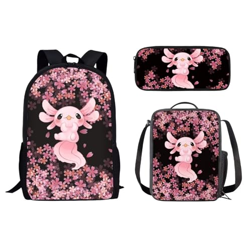 xixirimido Kinder-Schulrucksack für Jungen und Mädchen, Lunch-Tasche, Federmäppchen, Grundschule, Axolotl Sakura, Einheitsgröße, Lässiger Tagesrucksack von xixirimido