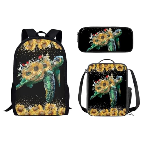 xixirimido Kinder-Schulrucksack für Jungen und Mädchen, Lunch-Tasche, Federmäppchen, Grundschule, Schildkröten-Sonnenblume, Einheitsgröße, Lässiger Tagesrucksack von xixirimido