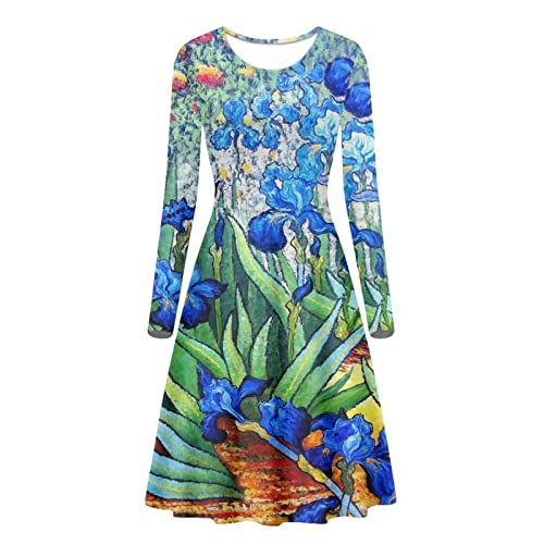 xixirimido Langärmelige Herbst-Midi-Kleider für Damen, Übergröße für Reisen, Party, Club, Ausgehen, Van Gogh Irises in the Garden Repro Floral, XX-Large von xixirimido