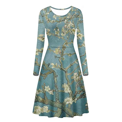 xixirimido Langärmelige Herbst-Midi-Kleider für Damen, Übergröße für Reisen, Party, Club, Ausgehen, Van Gogh Mandelblüte, XX-Large von xixirimido