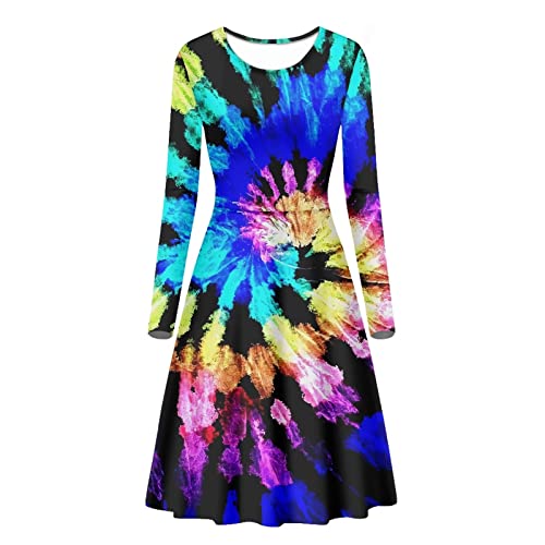 xixirimido Midi-Länge Langarm Kleider für Frauen Herbst Casual Reisen Party Swing Sommerkleid Weich, Farbenfrohe Batikfärbung, Medium von xixirimido