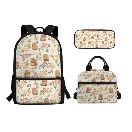 xixirimido Schul-Büchertaschen-Set Lunchbox Federmäppchen Tasche für Jungen Mädchen, Capybara, Einheitsgröße, Lässiger Tagesrucksack von xixirimido