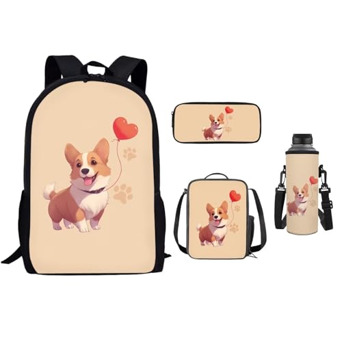 xixirimido Schulrucksack-Set für Kinder, 4 Stück, Lunchbox, Federmäppchen, 500 ml Flaschenhalter, Corgi-Ballon, Einheitsgröße, Lässiger Tagesrucksack von xixirimido