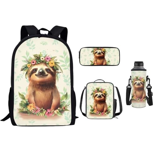 xixirimido Schulrucksack-Set für Kinder, 4 Stück, Lunchbox, Federmäppchen, 500 ml Flaschenhalter, Faultier-Blume, Einheitsgröße, Lässiger Tagesrucksack von xixirimido