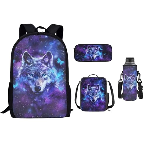 xixirimido Schulrucksack-Set für Kinder, 4 Stück, Lunchbox, Federmäppchen, 500 ml Flaschenhalter, Galaxy Wolf, Einheitsgröße, Lässiger Tagesrucksack von xixirimido