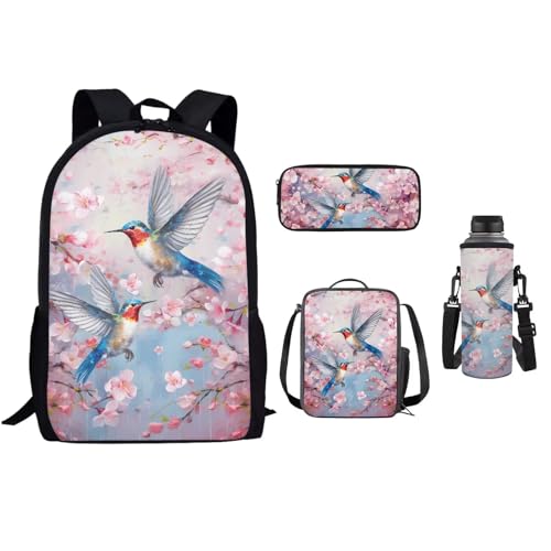 xixirimido Schulrucksack-Set für Kinder, 4 Stück, Lunchbox, Federmäppchen, 500 ml Flaschenhalter, Kolibri-Kirschblüte, Einheitsgröße, Lässiger Tagesrucksack von xixirimido