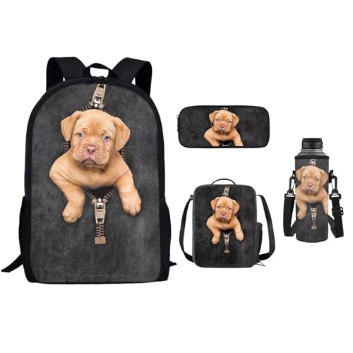 xixirimido Schulrucksack-Set für Kinder, 4 Stück, Lunchbox, Federmäppchen, 500 ml Flaschenhalter, Mops, Einheitsgröße, Lässiger Tagesrucksack von xixirimido