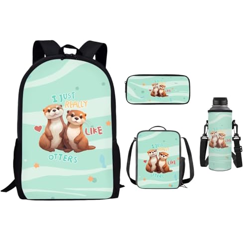 xixirimido Schulrucksack-Set für Kinder, 4 Stück, Lunchbox, Federmäppchen, 500 ml Flaschenhalter, Niedlicher Otter, Einheitsgröße, Lässiger Tagesrucksack von xixirimido