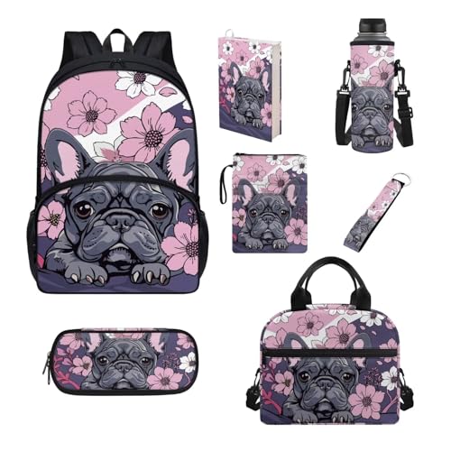 xixirimido Schulrucksack-Set für Kinder, 7 Stück, Lunchbox, Federmäppchen, Buchhüllen, Bulldogge Kirschblüte, Einheitsgröße, Lässiger Tagesrucksack von xixirimido