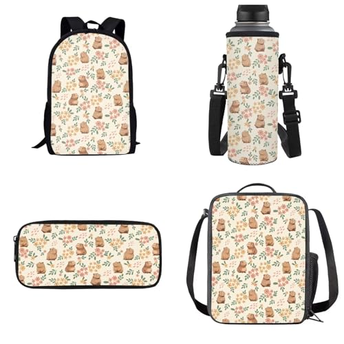 xixirimido Schulrucksack-Set für Kinder, Büchertasche, Lunch-Tasche, Federmäppchen, Flaschenhalter, 4-in-1, Meerschweinchen-Blume, Einheitsgröße, Lässiger Tagesrucksack von xixirimido