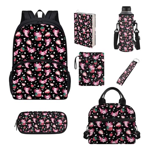 xixirimido Schulrucksack-Set für Kinder, Lunch-Tasche, Federmäppchen, Buchhülle, Flaschenhalter, 17 Stück, Axolotl Erdbeere, Einheitsgröße, Lässiger Tagesrucksack von xixirimido