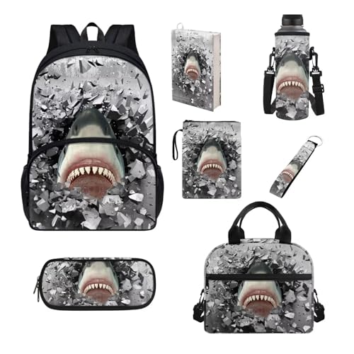 xixirimido Schulrucksack-Set für Kinder, Lunch-Tasche, Federmäppchen, Buchhülle, Flaschenhalter, 17 Stück, Cartoon-Hai, Einheitsgröße, Lässiger Tagesrucksack von xixirimido