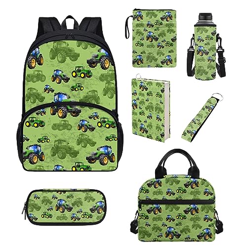 xixirimido Schulrucksack-Set für Kinder, Lunch-Tasche, Federmäppchen, Buchhülle, Flaschenhalter, 17 Stück, Traktor, Einheitsgröße, Lässiger Tagesrucksack von xixirimido