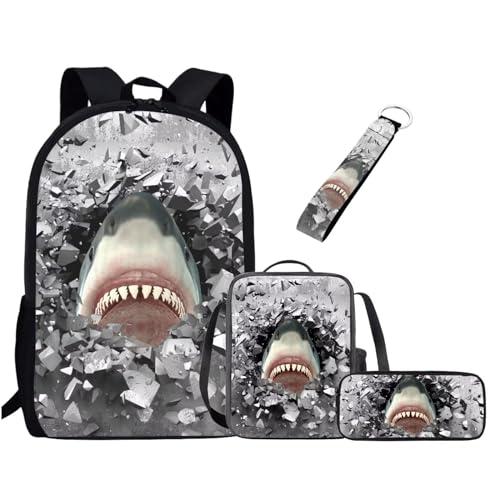 xixirimido Schulrucksack-Set für Kinder, Lunch-Tasche, Federmäppchen, Schlüsselanhänger für Jungen und Mädchen, 4-in-1, Cartoon-Hai, Einheitsgröße, Lässiger Tagesrucksack von xixirimido