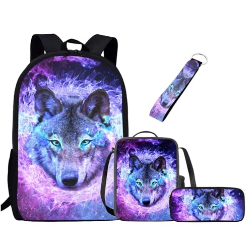 xixirimido Schulrucksack-Set für Kinder, Lunch-Tasche, Federmäppchen, Schlüsselanhänger für Jungen und Mädchen, 4-in-1, Galaxy Wolf, Einheitsgröße, Lässiger Tagesrucksack von xixirimido