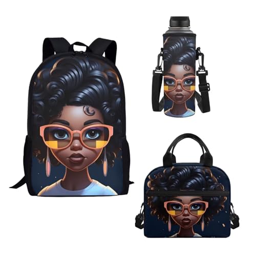 xixirimido Schulrucksack-Set für Kinder, Lunch-Tasche, Flaschenhalter, Tasche, 3 Stück, Afrikanisches schwarzes Mädchen, Einheitsgröße, Lässiger Tagesrucksack von xixirimido