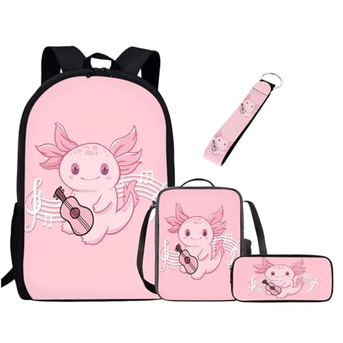 xixirimido Schulrucksack-Set für Kinder, Lunchbox, Federmäppchen, Schlüsselanhänger, 4 Stück, Pink Axolotl Music, Einheitsgröße, Lässiger Tagesrucksack von xixirimido