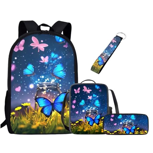 xixirimido Schulrucksack-Set für Kinder, Lunchbox, Federmäppchen, Schlüsselanhänger, 4 Stück, blau mit schmetterlingen, Einheitsgröße, Lässiger Tagesrucksack von xixirimido