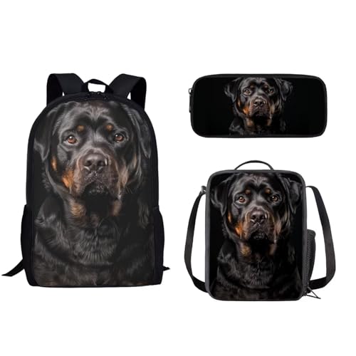 xixirimido Schulrucksack für Kinder, Lunchbox, Federmäppchen, 3-in-1-Zubehör, Rottweiler für Hunde, Einheitsgröße, Lässiger Tagesrucksack von xixirimido