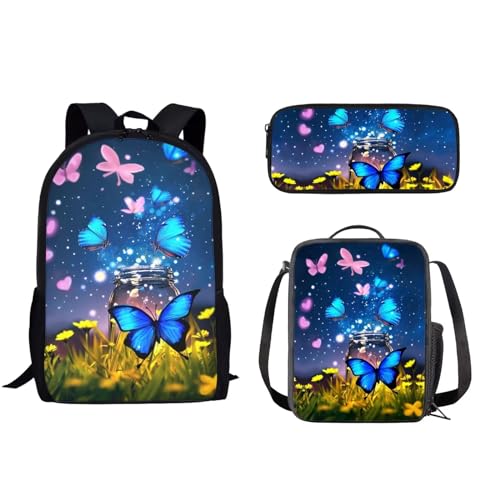 xixirimido Schulrucksack für Kinder, Lunchbox, Federmäppchen, 3-in-1-Zubehör, blau mit schmetterlingen, Einheitsgröße, Lässiger Tagesrucksack von xixirimido