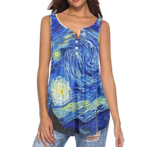 xixirimido Tunika Shirts Damen Ärmellos Tank V-Ausschnitt Casual Blusen Sommer Tops, Van Gogh Sternennacht, X-Large von xixirimido