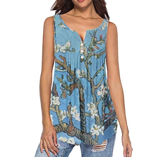 xixirimido Van Gogh Tunika Tops Damen Casual Mandelblüte Ärmellose Henly Vest Tank Adlut V-Ausschnitt Activewear Flowy Leicht Sommer von xixirimido