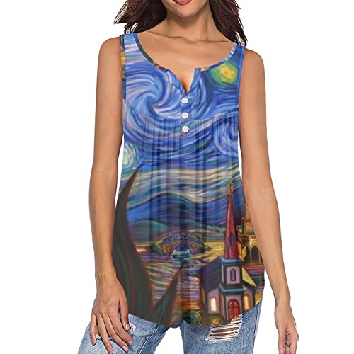 xixirimido Vincent Van Gogh Tunika für Damen, lässig, Sternennacht, ärmelloses Tank-Top, Adlut V-Ausschnitt, T-Shirt, leicht, Pyjama, bequeme Sportbekleidung von xixirimido