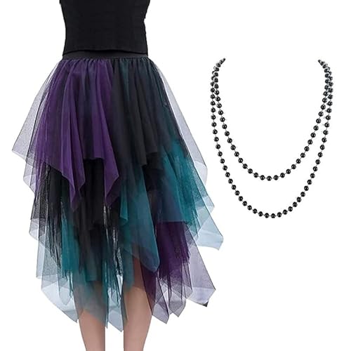 xlwen Tüllrock Asymmetrisch Damen Tüllrock Damen Faltenrock Asymmetrisch Röcke Schwarz Lila Grün Rock Tüll Unterrock Midirock Halskette im Lieferumfang enthalten(60-90CM) von xlwen