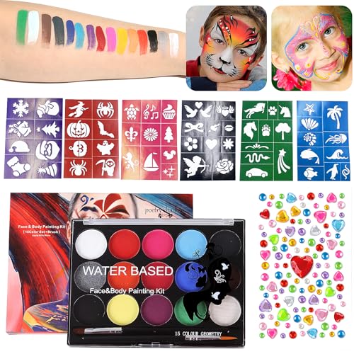 xlwens 15 Bodypainting Farben,Gesichtsfarbe Kinderschminken Set,Kinderschminke Set,mit 2 Pinsel und 6 Schablonen, 1 Diamant-Sticker, Kinderschminken Set für Halloween Karneval von xlwen