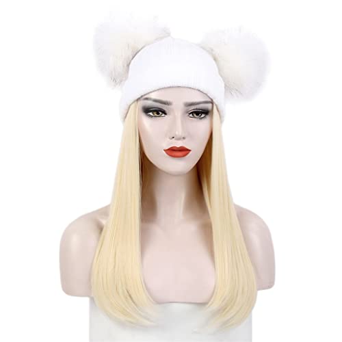 n/a Damen-Haar-Hut-Weiß-Strickmütze-Perücke-Winter-warmer langer gerader goldener Perücken-Hut von xnvdojt