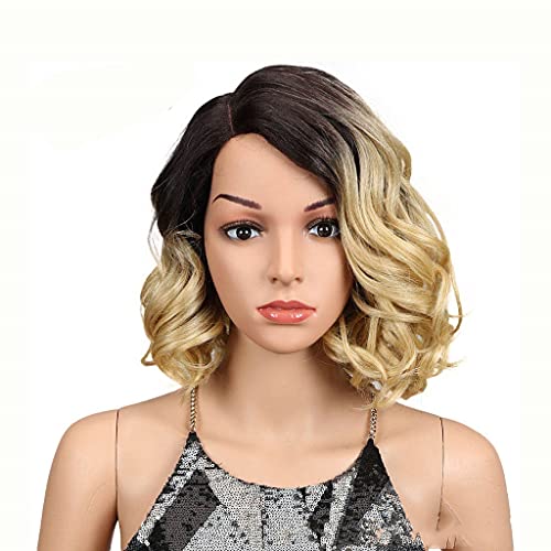 n/a Magisches Haar, kurze, lockere, gewellte Bob-Perücken, 30,5 cm, schwarze Synthetik-Frontspitze-Perücken for Frauen, Hochtemperaturfaser (Color : D) von xnvdojt