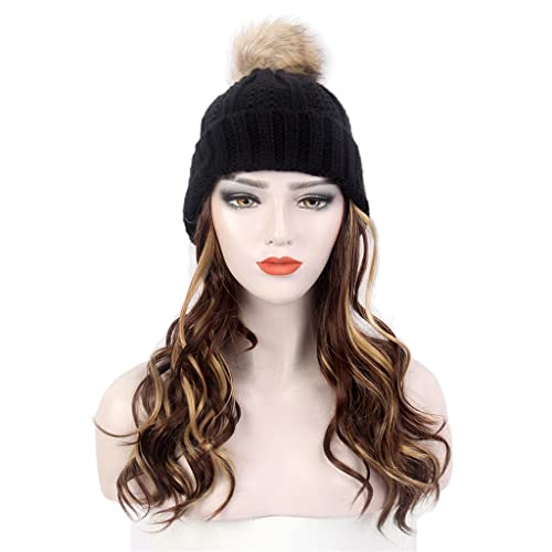 n/a Mode-Damen-Haar-Hut-Schwarz-Strickmütze-Perücke-lange lockige Hervorhebung der braunen Perücke plus Hut von xnvdojt