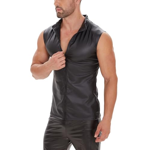 xokesy Männer Sexy Leder Tank Top, Glänzend Weich Matte Leder, Plus Größe S-7XL, Männliche Schwarze Lederweste, Schwarz, 6X-Groß von xokesy