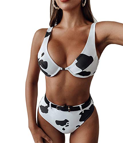 Damen Bikini Set Kuh Print Baden U-Ausschnitt Hohe Taille Badeanzüge Rave Festival, Schlangenleder, Medium von xperry