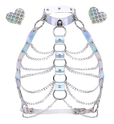 Frauen Festival Punk Taillengürtel Körperkette Kunstleder Geschirr EDM Rave Kleidung Choker Kette holografisch Käfig BH Gürtel, silber, Einheitsgröße von xperry