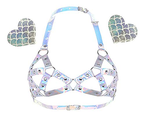 Rave Hologramm Body Chest Harness Bra Metallic Festival Tank Top Kostüm Musik Festival Clubwear (2 Stück Pasties) - Silber - Einheitsgröße von xperry