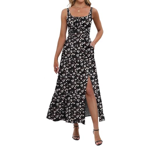 2025 Damen Sommer Floral Maxi Cocktailkleid Niedliches Spaghettiträger Swing Ärmelloses Sonnenkleid mit Taschen von xueneige