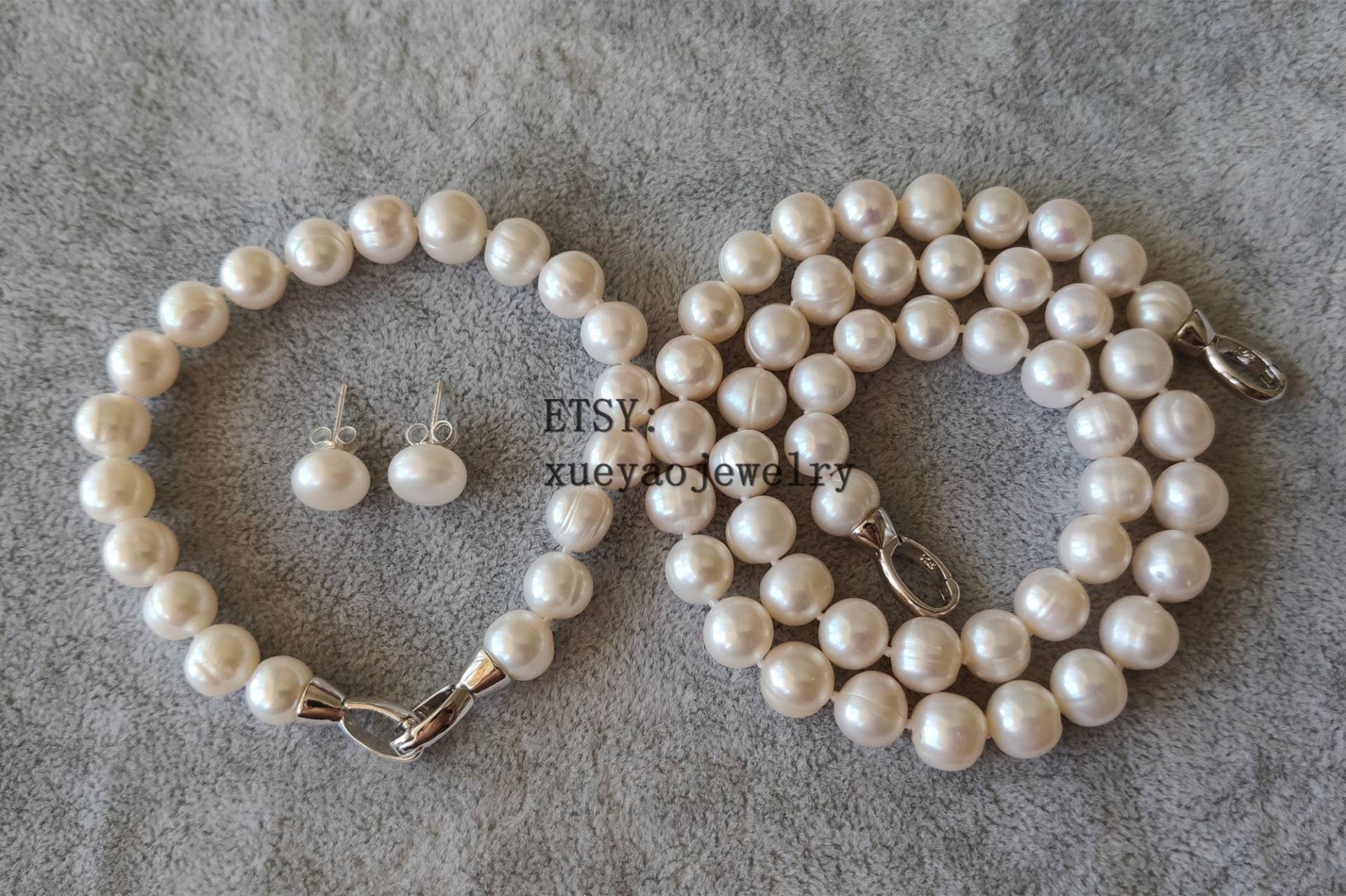 9-9.5 Mm Weiße Süßwasserperlenhalsketten-Armbandset, Freie 7-8 Ohrringe von xueyaojewelry