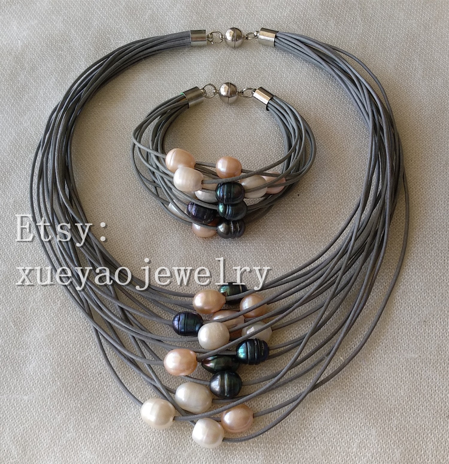 Barock Perlenkette Armband Set Lederseil, Reis Perlenschmuck Barock Perlenkette Armband Set Lederseil, Reis Perlenschmuck von xueyaojewelry