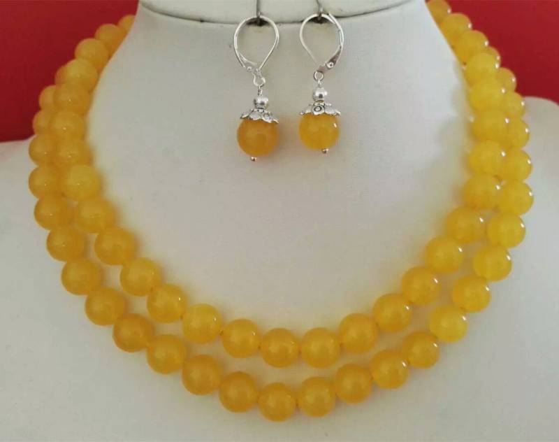 Gelbe Jade Halskette & Ohrringe Set - 10 Mm Runde Perlen Gelbe Jade Halskette & Ohrringe Set - 10 Mm Runde Perlen von xueyaojewelry