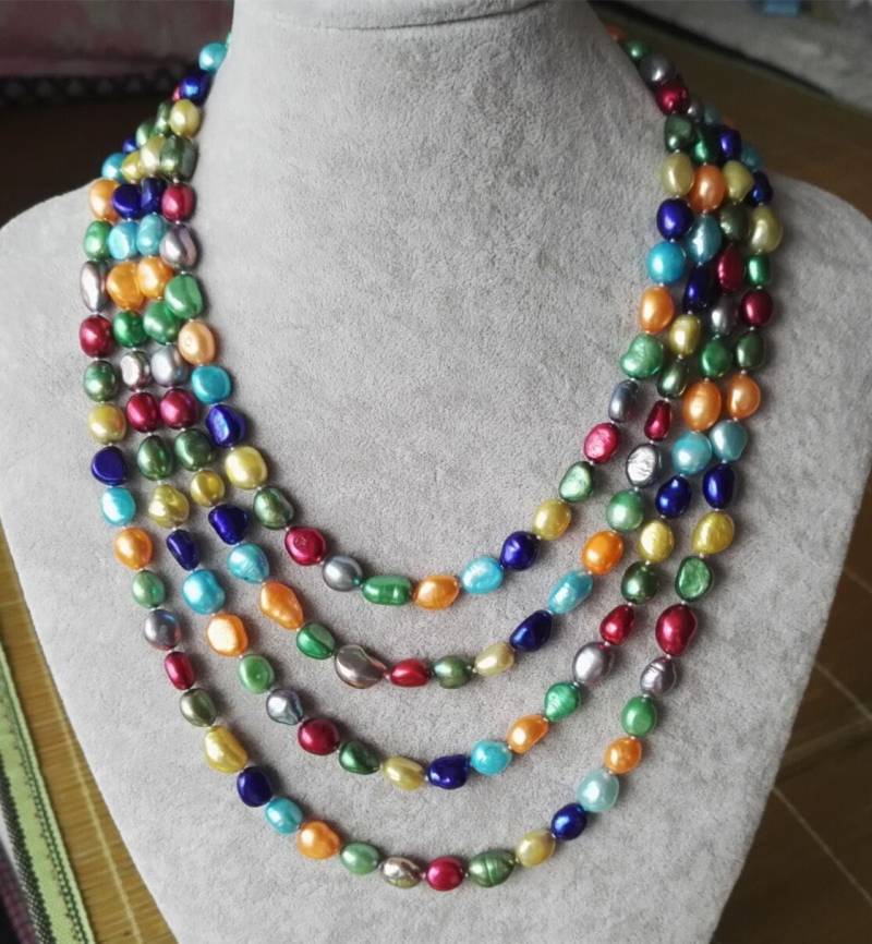 Multi-Color Barock Perlenkette 4-Reihiger Süsswasserperlenstrang von xueyaojewelry