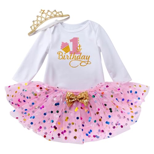xuntao Baby Mädchen 1. Geburtstag Outfit Kleid Langarm Body Strampler Prinzessin Tütü Tüll Rock mit Stirnband 3tlg Fotoshooting Rosa 2 6-12 Monate von xuntao