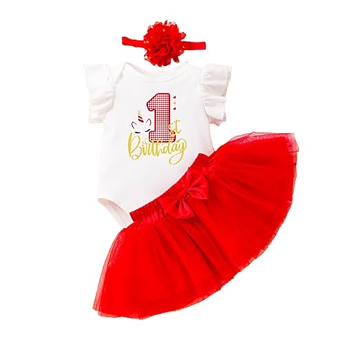 xuntao Baby Mädchen 1. Geburtstag Outfit Kleid Langarm Body Strampler Prinzessin Tütü Tüll Rock mit Stirnband 3tlg Fotoshooting Rot 1 6-12 Monate von xuntao