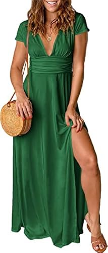 xuntao Damen Kurzarm Maxikleid mit V-Ausschnitt im High-Low-Design Casual Boho Sommerkleid Grün M von xuntao